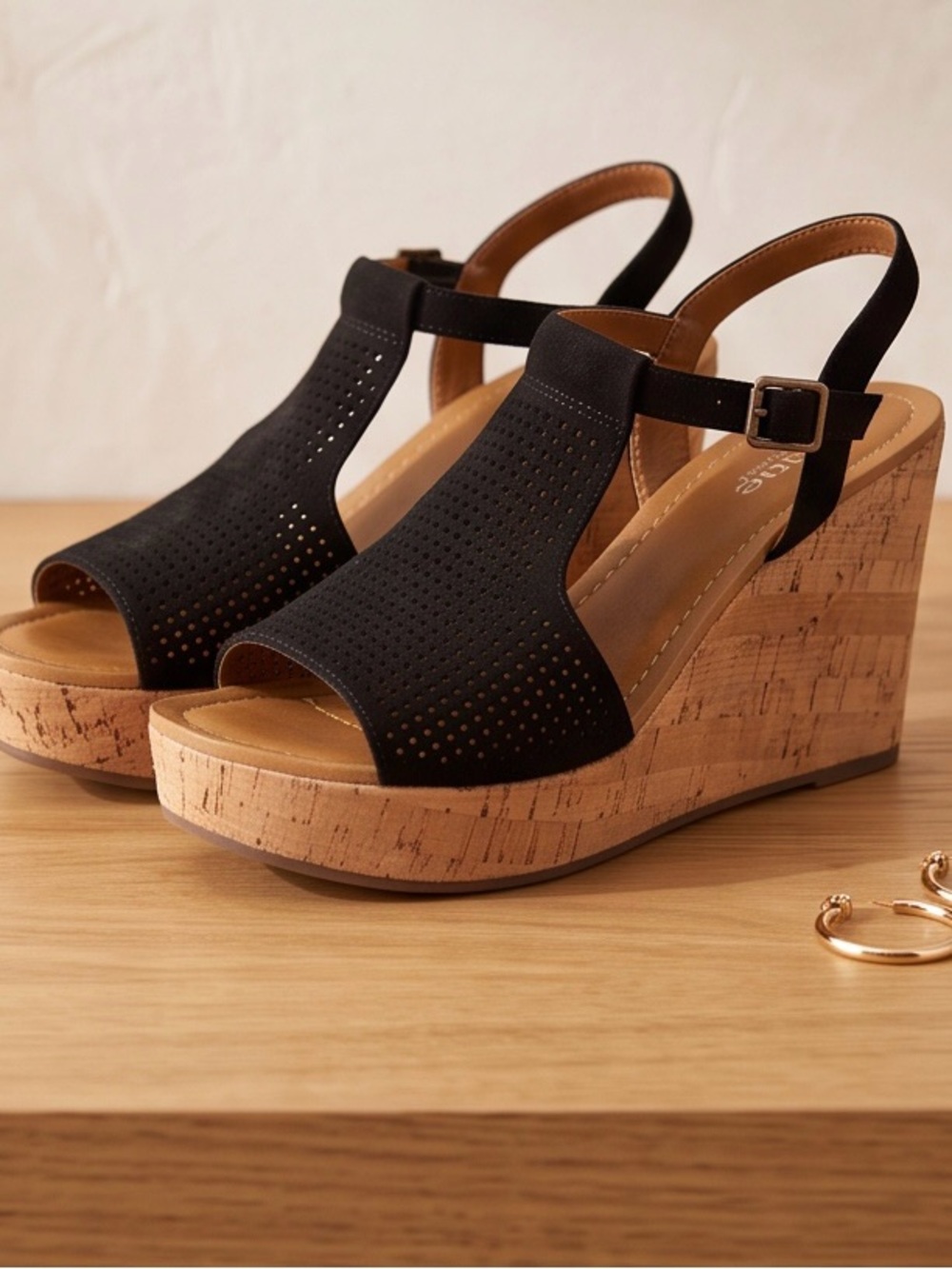Franco Sarto Black and Cork Wedge Sandals